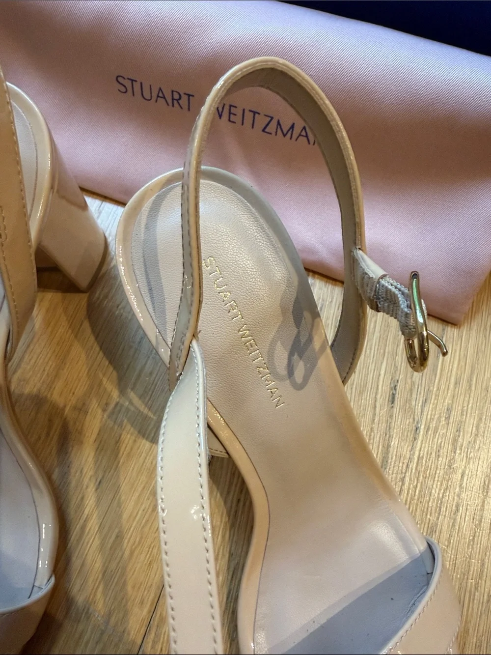 Stuart Weitzman Patent Nude Block Heel Sandals - Dancer 75 Block